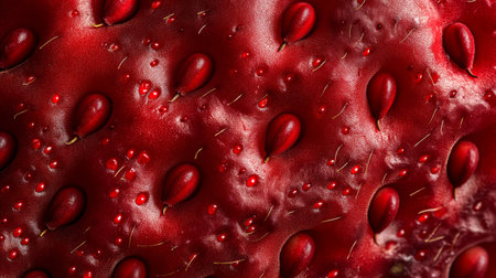 A close-up of glistening strawberries dotted with droplets and tiny seeds, radiating a vibrant red hue.の素材