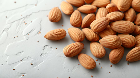 A close-up of almonds scattered on a white surface, highlighted by soft lighting.の素材