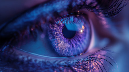 A close-up of a human eye, shimmering in shades of violet under a surreal light.の素材