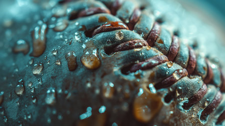 A close-up of a wet baseball reveals intricate stitch patterns and textured surfaces bathed in a cool, atmospheric light.の素材