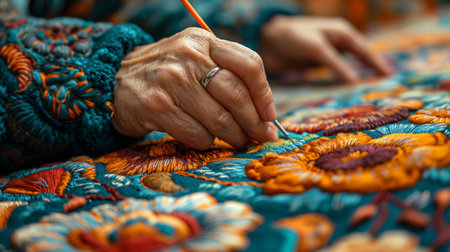 A close-up of a skilled hand delicately embroidering vibrant, colorful floral patterns on fabric, showcasing traditional craftsmanship.の素材