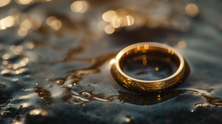 A close-up of a wedding ring on a wet surface, its intricate design shimmering with the reflections of light.の素材