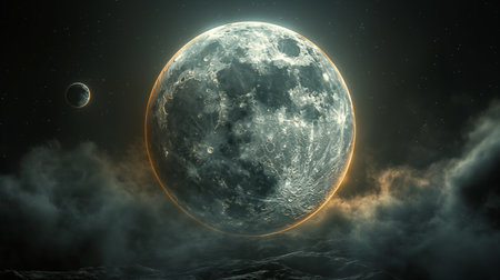 A breathtaking cosmic scene featuring a large moon dominating the sky above a shadowy landscape.の素材