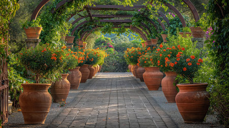 A captivating garden walkway adorned with terracotta pots filled with bright flowers under wooden arches.の素材
