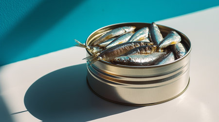 A can of sardines neatly packed, showcasing their shimmering silver scales, ready to be part of a nutritious mealの素材