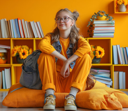 A cheerful young girl sits among piles of books in a brightly colored study room, her joy as vibrant as her surroundings.の素材