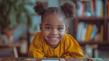A cheerful young girl with a bright smile sits at a desk, surrounded by books, radiating positivity and curiosity.の素材