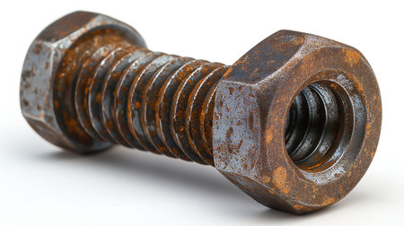 A close-up image of a weathered, rust-coated screw and nut highlights the relentless grip of oxidation.の素材