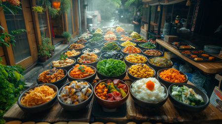 A colorful array of diverse dishes laid out on a wooden table captures the vibrant essence of an outdoor street food market.の素材