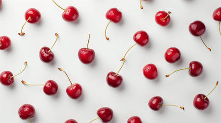A collection of vibrant red cherries scattered playfully across a pristine white surface.の素材