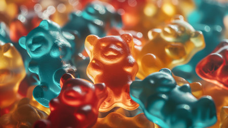 A colorful array of glistening gummy bears casts a playful and tempting invitation to indulge.の素材