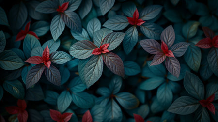 A collection of leaves with rich teal and deep red hues create a striking foliage pattern.の素材