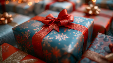 A collection of Christmas gifts wrapped in shimmering red and blue paper adorned with festive bows under soft glowing lightsの素材
