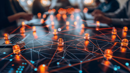 A conceptual table with glowing nodes and lines representing a network of ideas and connections.の素材