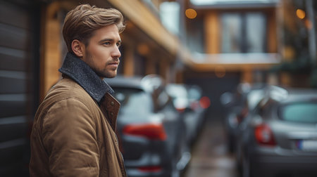A contemplative man in a stylish jacket stands in a bustling city setting, his gaze reflecting depth and introspection.の素材