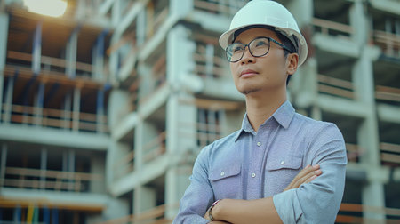 A confident Asian engineer in a hard hat stands in front of a construction site, reflecting on the progress of his project.の素材