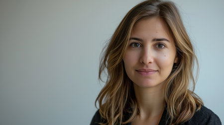 A confident young woman with a subtle smile, her light brown hair gently tousled, exudes a serene aura against a plain backdrop.の素材