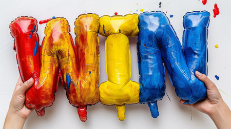 A colorful collection of inflatable lobster claws, each uniquely painted with vibrant hues, held by playful hands against a white background.の素材