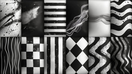 A compelling mosaic of black and white patterns, ranging from organic waves to structured geometrics, evoking a modern artistic sensibility.の素材