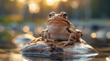 A contemplative frog perches stoically on a stone, its eyes reflecting the serene golden light of dusk.の素材