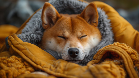 A content Shiba Inu sleeps soundly, wrapped in a cozy, golden blanket amidst a chilly setting.の素材