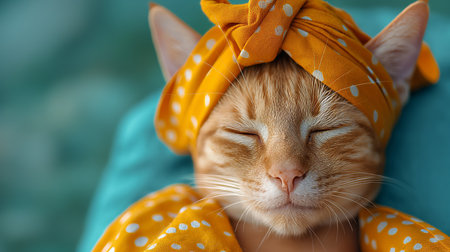 A cozy orange tabby cat snoozes peacefully, its head adorned with a charming yellow polka-dot bandana, embodying comfort and contentment.の素材