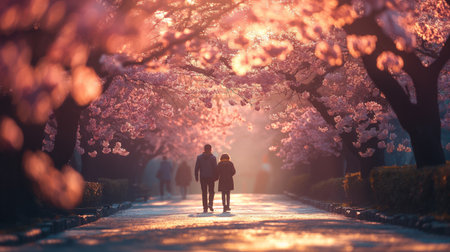 A couple walks hand in hand under a radiant canopy of pink cherry blossoms, bathed in golden sunlight.の素材