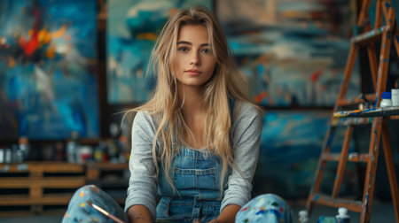 A contemplative young artist sits among her vibrant canvases in a cluttered studio.の素材