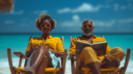 A couple relaxes in matching yellow outfits and sunglasses on a sunny beach, enjoying a tranquil moment together.の素材