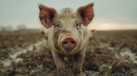 A curious pig peeks through a muddy field at sunset, its snout dusted with earth.の素材