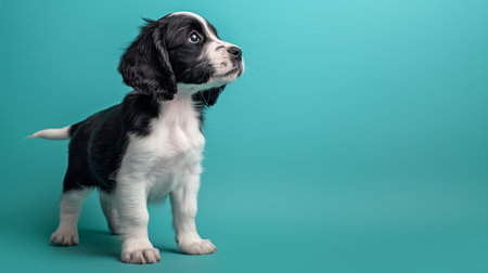 A curious puppy with floppy ears looks up with big, hopeful eyes, ready for play.の素材