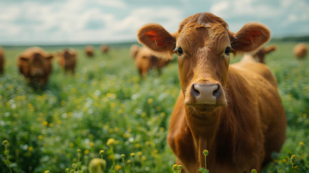 A curious cow stands amidst a field of yellow flowers, looking directly at the camera with a gentle gaze.の素材