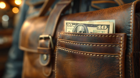 A crisp ten-dollar bill peeks out from the pocket of a luxurious leather briefcase, symbolizing financial success and sophistication.の素材