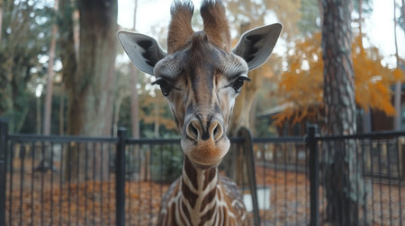 A curious giraffe peers directly at the camera, showcasing its unique spots and long eyelashes in a serene zoo setting.の素材
