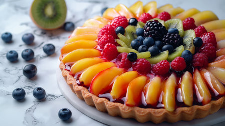 A colorful and appetizing fruit tart, lavishly topped with an array of fresh berries, kiwi, and peach slices on a creamy base.の素材