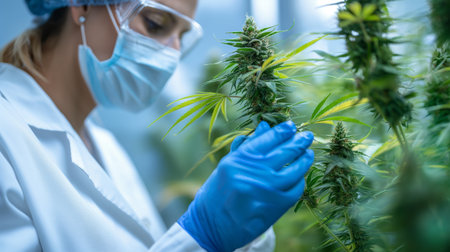 A dedicated scientist in a sterile lab meticulously examines a cannabis plant for quality control.の素材