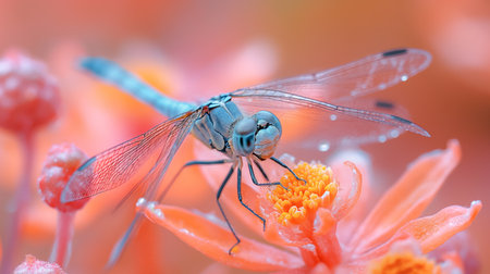 A delicate dragonfly perches gracefully on a vibrant orange flower, showcasing intricate wings.の素材