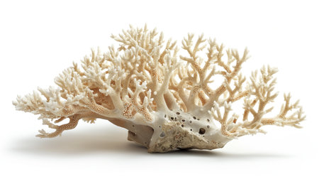 A delicate coral specimen, exhibiting an intricate network of bleached white branches, radiates a ghostly beauty against a plain backdrop.の素材