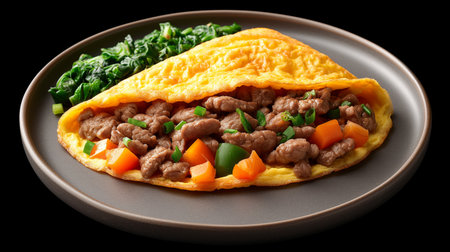 A delicious beef and vegetable omelette served on a dark plate, offering a tempting and nutritious meal.の素材