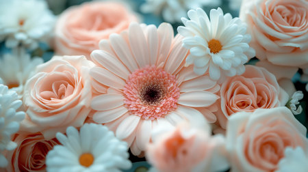 A delicate ensemble of soft peach and white flowers exudes elegance and tranquility in a harmonious floral arrangement.の素材