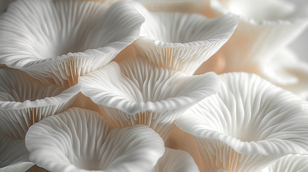 A dense cluster of oyster mushrooms reveals intricate gills and textures.の素材