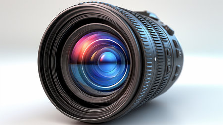 A detailed camera lens captures vibrant light reflections, highlighting its intricate design and precision technologyの素材