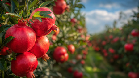A detailed close-up shows several ripe pomegranates hanging from a branch, their skins glowing in the sunlightの素材