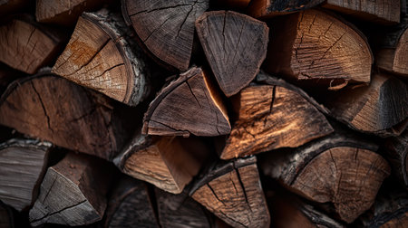 A detailed close-up of stacked firewood, highlighting the rich textures and natural patterns of the wood.の素材