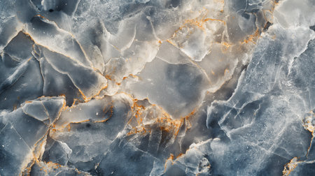 A detailed shot of marble with intricate gray and white textures highlighted by golden fissures.の素材