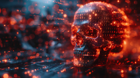 A digital skull glows amid a sea of red, representing the ominous nature of data breaches.の素材