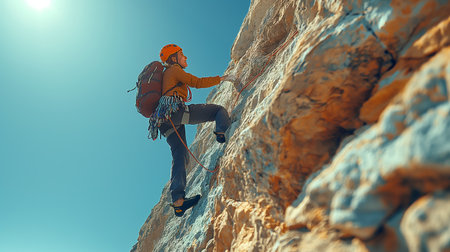 A determined rock climber scales a sunlit cliff, showcasing her strength and adventurous spirit.の素材