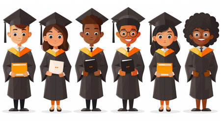 A diverse group of six graduate students in traditional black robes and mortarboards beam with pride, holding diplomas.の素材