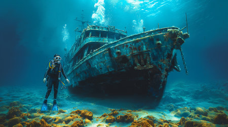 A diver explores the eerie tranquility of a sunken shipwreck, its rusted contours submerged in the deep blue silence.の素材