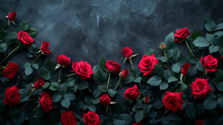 A dramatic arrangement of vibrant red roses against a dark background, symbolizing love and passion.の素材